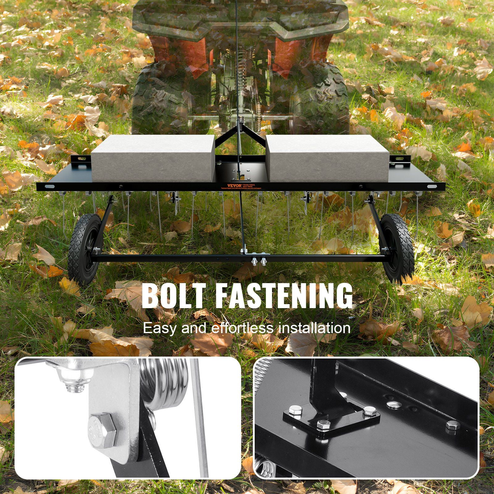 Tow Behind Dethatcher, 48-inch Tow Dethatcher with 24 Spring Steel Tines, Lawn Dethatcher Rake for ATV or Mower, Tow Behind Lawn Rake with Lift Handle for Garden Farm Grass