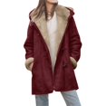 thumbnail image 2 of Women's Mid-Length Fleece Jacket, Plush Lined Hooded Coat, Unique Cone Button Design, Casual Winter Outerwear, Cold Weather Layer Wine XXL, 2 of 7