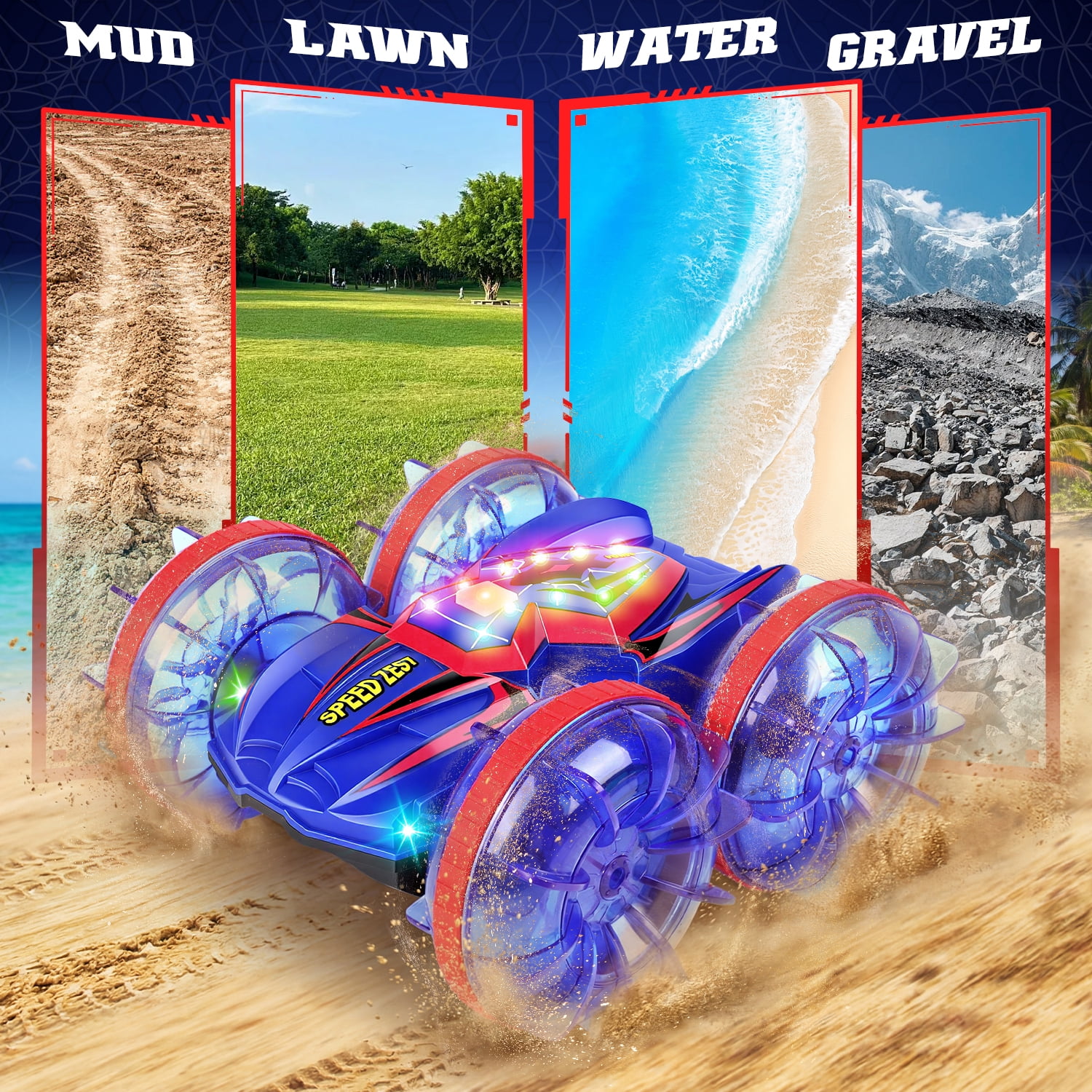 Carsky Amphibious RC Stunt Car for Kids, 2.4G Spider-Style Remote Control Car with Gesture Watch, Double-Sided Driving, LED Lights, Waterproof All-Terrain Toy Gift for Boys & Girls