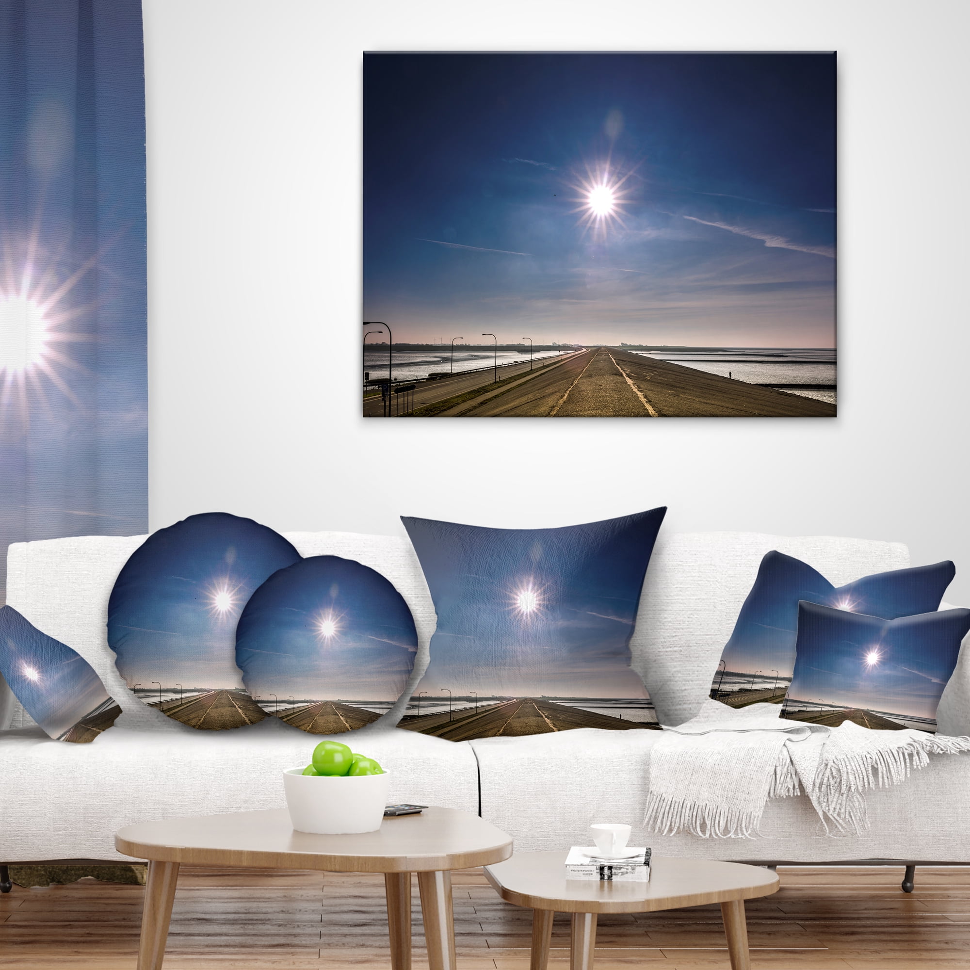 Designart Sun in Blue Sky on Dyke Germany - Landscape Printed Throw Pillow - 12x20