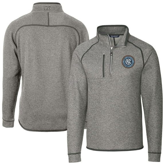 Men's-Cutter & Buck  Heather Gray New York City FC Big & Tall Mainsail Sweater-Knit Half-Zip Pullover Top