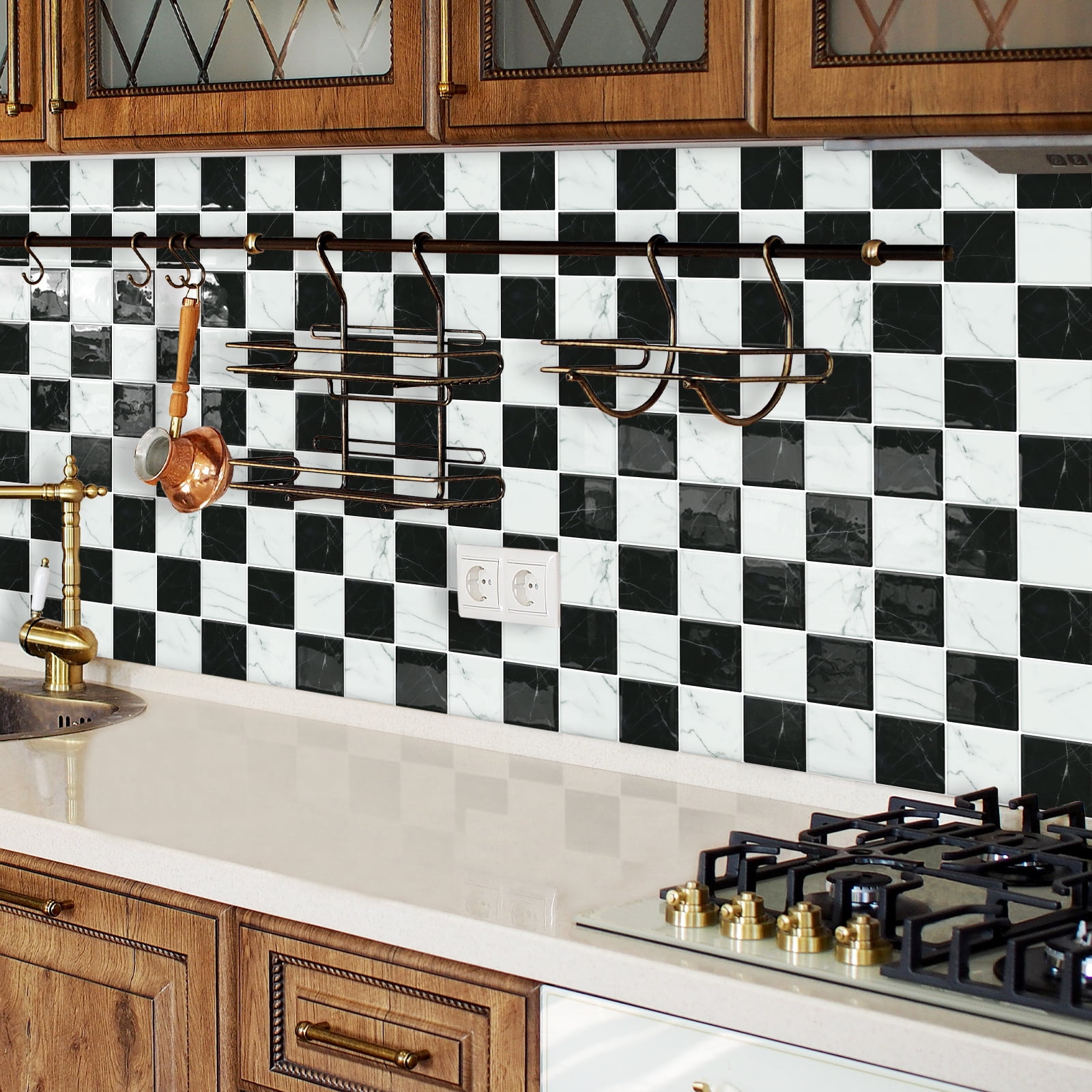 DEWOO Thick Peel and Stick Backsplash Tiles Kitchen Bathroom Square Self Adhesive Wall Tile Checkerboard Checkered Stickers,Black (10-Sheet, 9"×9")