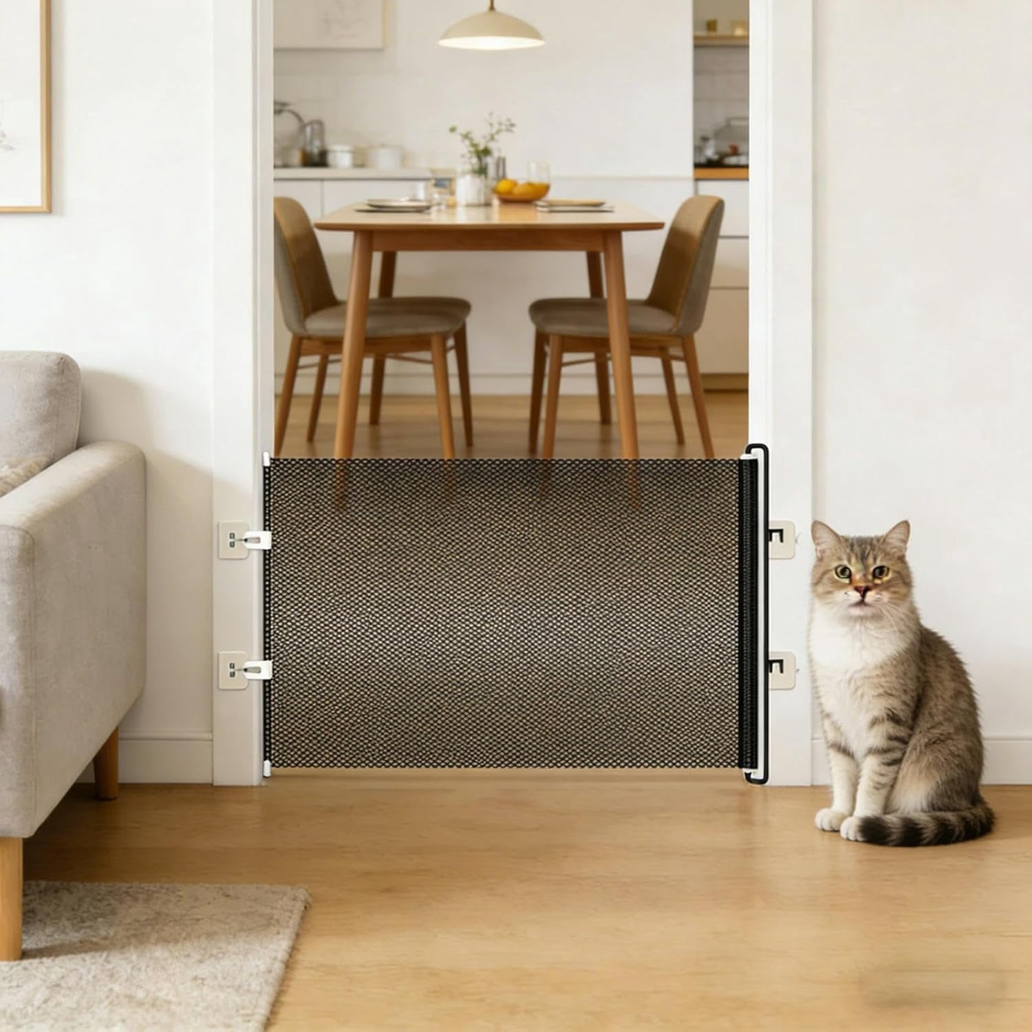 Retractable Mesh Gate for Pets, No-Drill Doorway Fence, 49 x 17 Inch