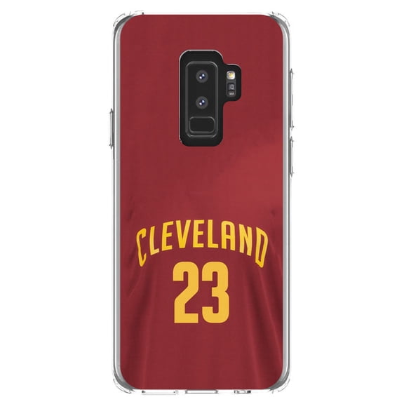 DistinctInk Clear Shockproof Hybrid Case for Samsung Galaxy S9  PLUS (6.2" Screen) - TPU Bumper, Acrylic Back, Tempered Glass Screen Protector - Cleveland 23 Jersey - Basketball