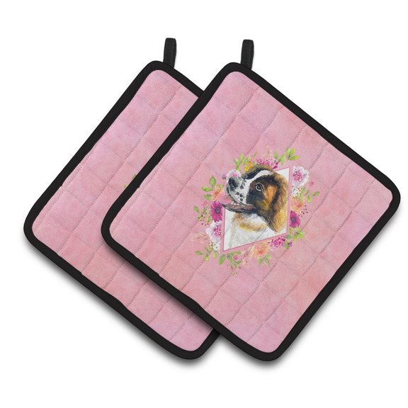 Saint Bernard #2 Pink Flowers Pair of Pot Holders