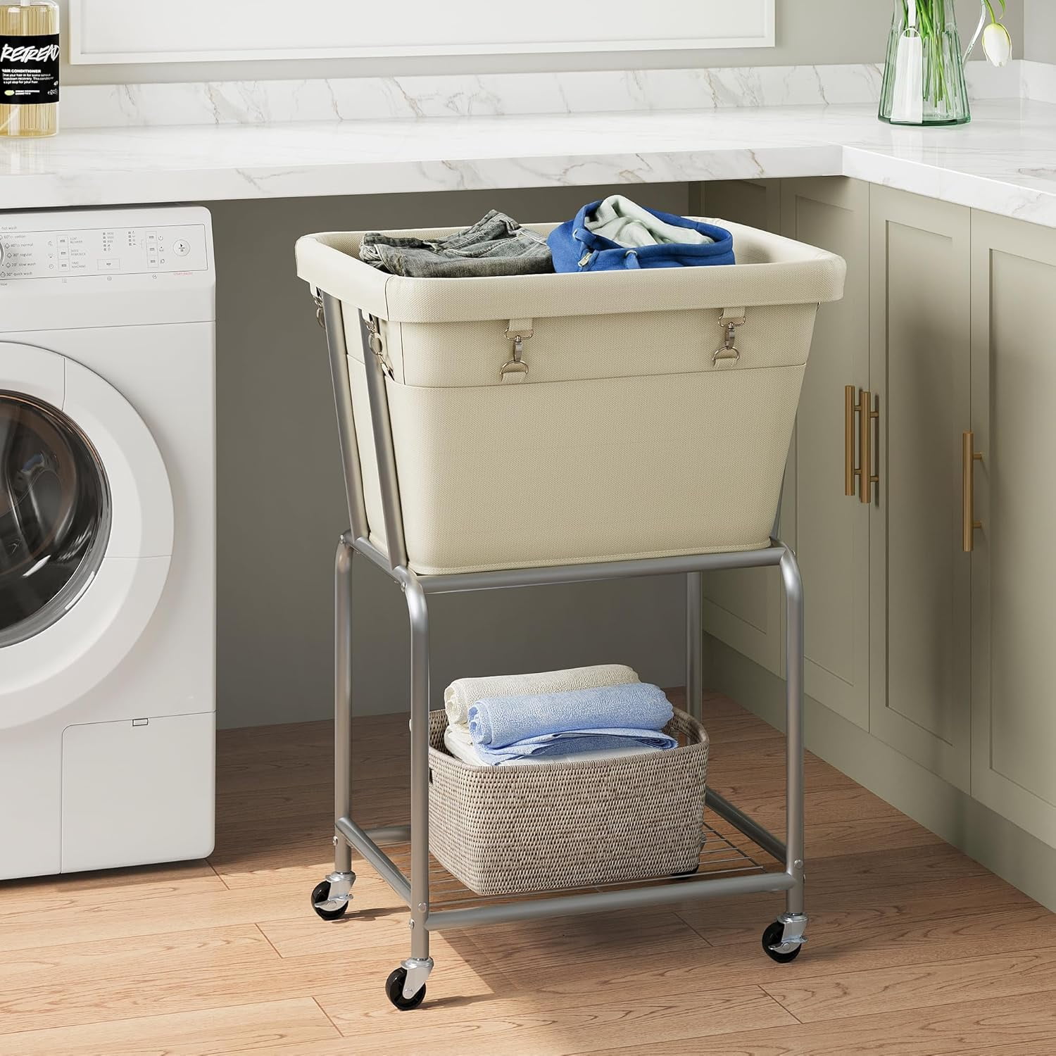 Rolling Laundry Hamper with Wheels, Laundry Cart with Removable Bag, Heavy Duty Metal Frame, 2-Tier Clothes Basket Hamper with Shelf for Closet, Bedroom, Bathroom, Laundry Room, Cream