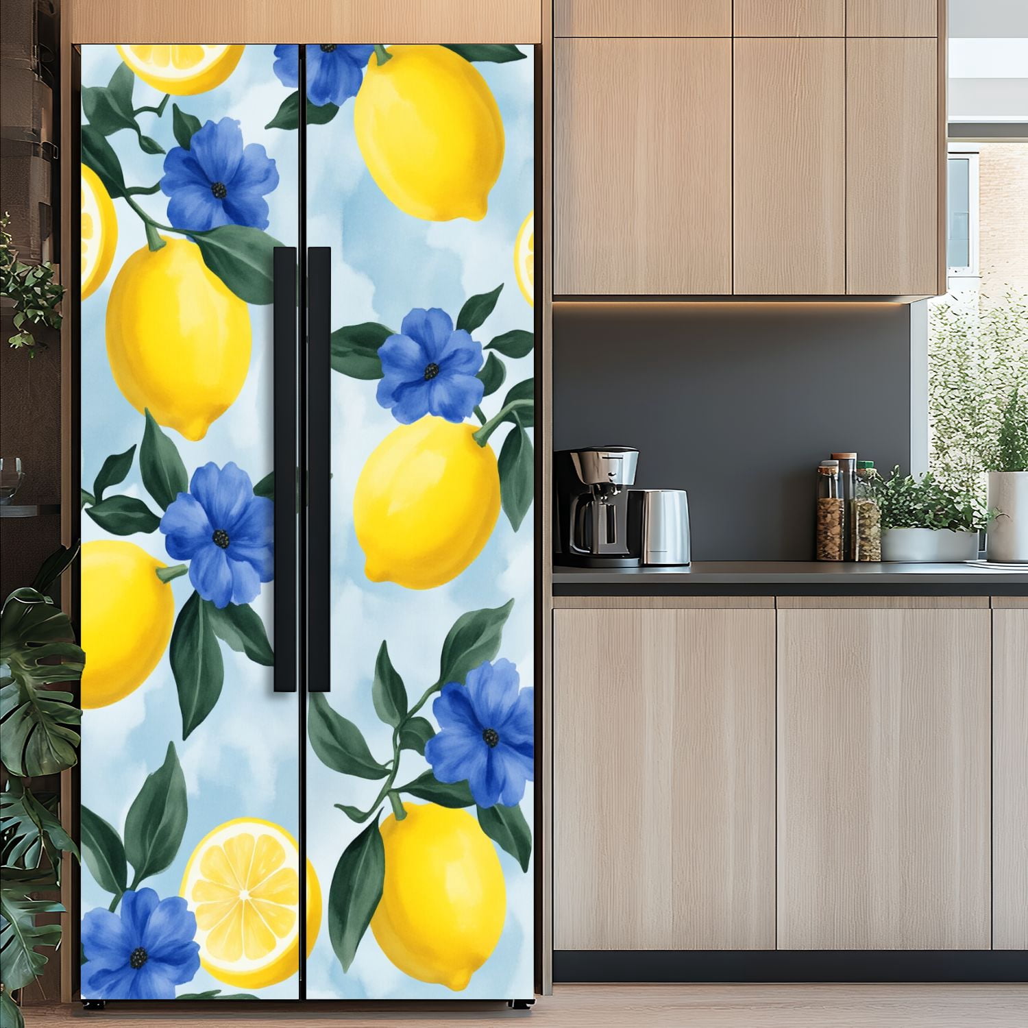 Self Adhesive Vinyl Refrigerator Wrap Set Lemon Blue Flower Fresh Green Leaves Soft Blue Door Mural Removable Fridge Sticker Peel and Stick&nbsp;Full Door Cover Decal Kitchen Bar Decor