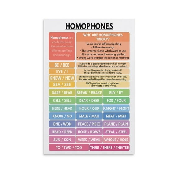Homophones Educational Poster Canvas Wall Art Posters For Room Aesthetic And Decor Poster For Bedroom Living Room Bathroom Kitchen Office Decor poster