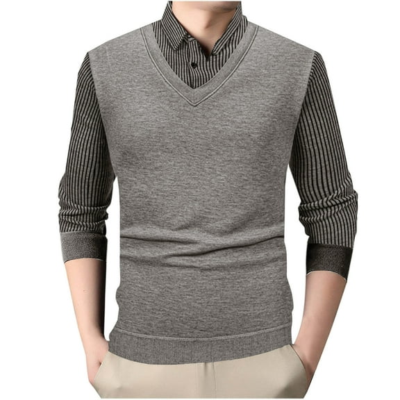 ohmzyzo Mens Lapel V Neck Wool Blend Knit Sweater Long Sleeve Striped Print Pullover Top Casual Lightweight Sweatshirts Beige M