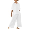 thumbnail image 3 of TAGOLD Womens Capris Jumpsuit Solid Color Short Sleeve Round Neck Top Long Pants Set, 3 of 5
