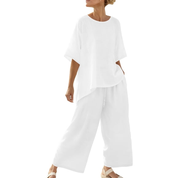 FRSASU Women's 2-Piece Spring/Summer Outfit Solid Color Casual Crew Neck Short Sleeve Top with Wide Leg Pants White S(S)