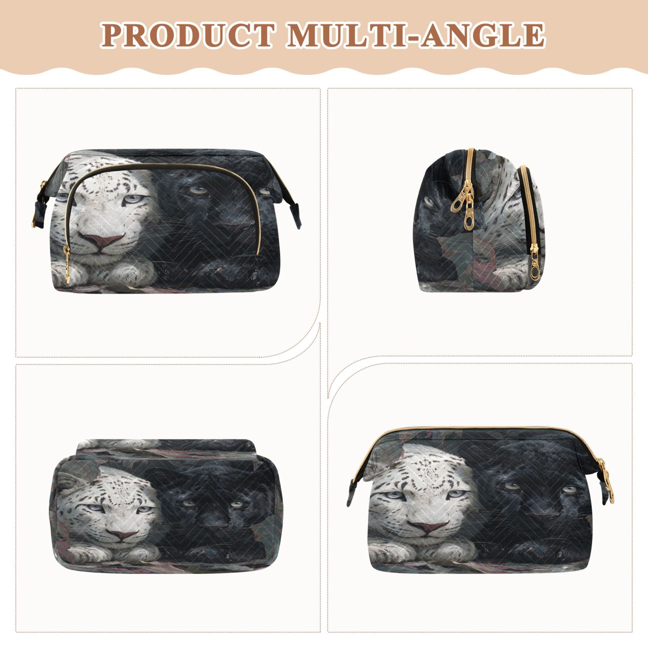 Wavy Quilted Cosmetic Bag Large-Capacity Travel Toiletry Organizer Includes 9-Piece Portable Travel Bottle Set White Leopard Black Panther