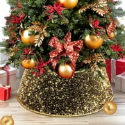 Gold Glitter Tree Collar, 30 Inches Sequins Christmas Tree Ring Elegant Christmas Tree Base Basket with 6 Sheets Collar Cover, Holiday Home Party Decor Ornaments in Gold Sequin