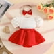 thumbnail image 4 of Vestido infantil de manga corta con cuello redondo y falda con lazo de color liso, cuello redondo y mangas, incluye pelo en la entrepierna, de poliéster., 4 of 8