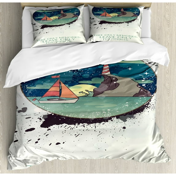 Beach Saying Duvet Cover Set King Size, Take Only Memories Leave Only Footprints Lighthouse on a Rock and Sailboat, Decorative 3 Piece Bedding Set with 2 Pillow Shams, Multicolor, by Ambesonne