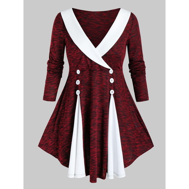 Cuello de chal de talla grande de dos tonos camiseta de marlado Rosegal Mangas largas de talla grande