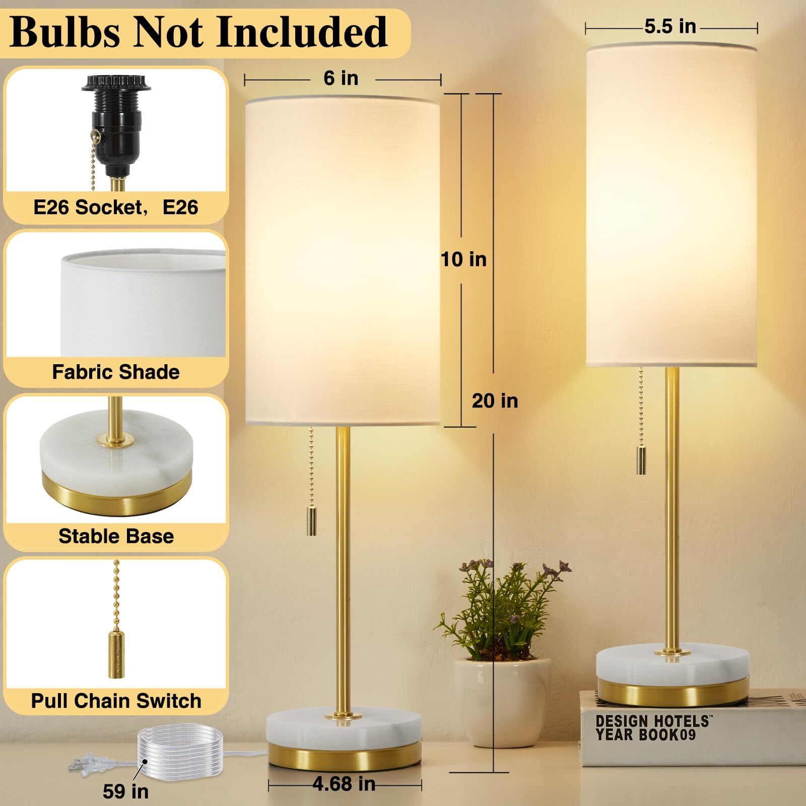 NATYSWAN Minimalist Table Lamp Set of 2, Nightstand Lamp for Bedroom Living Room, Modern Pull Chain Bedside Lamp with Marble Base, Fabric Shade, Small Desk Lamp for Home, Office, Reading