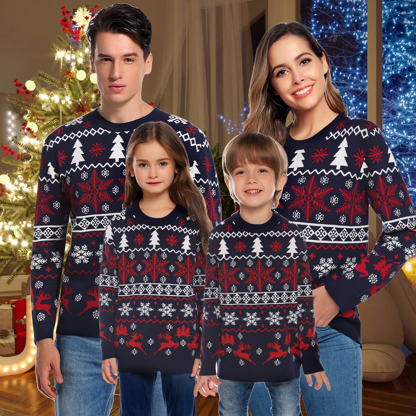 Hawiton Family Matching Christmas Jumpers Chunky Ribbed Knitted Crew Neck Sweater Pullover Knitwear Tops 