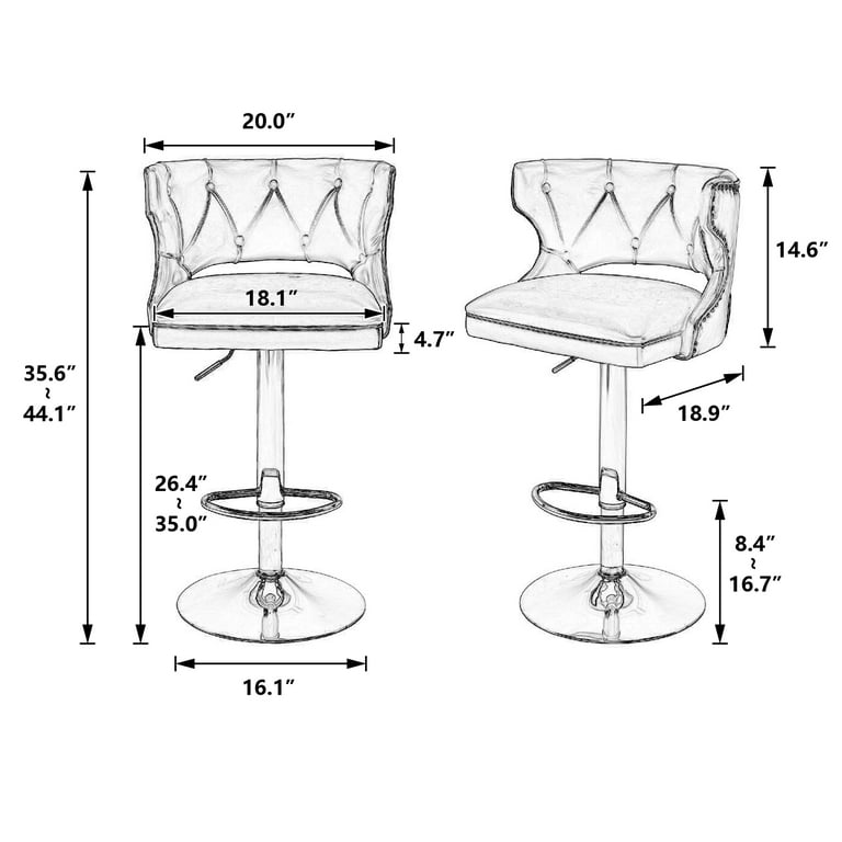 Swivel Barstools Set of 2 Adjustable Height Counter Stool with Open Back Footrest Modern Velvet Dining Cafe Chair w Rivets for Kitchen Island Dining