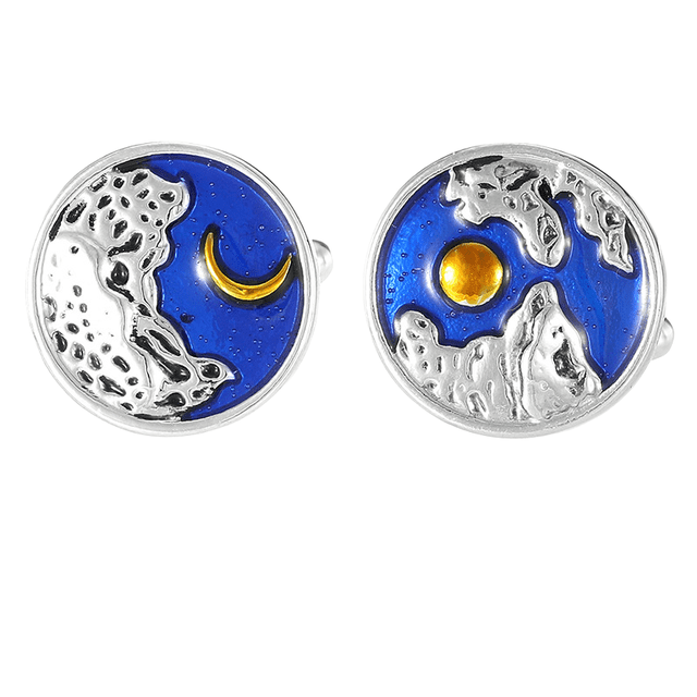 Gemelos esmaltados con forma de luna y sol para hombre, diseño redondo, color azul