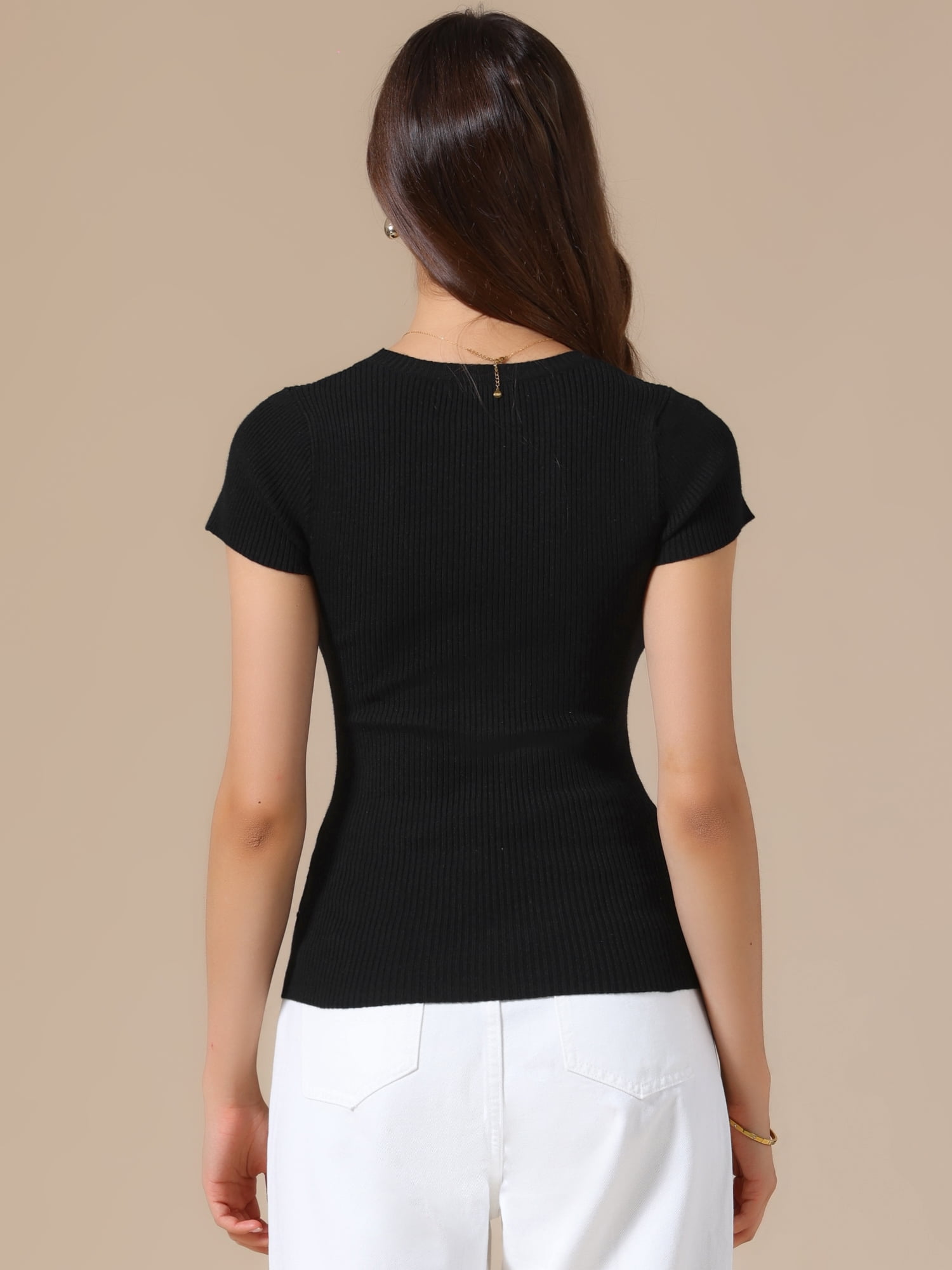 DARING DIVA Women's Short Sleeve Tops Summer Crewneck T-Shirt Ribbed Knit L Black