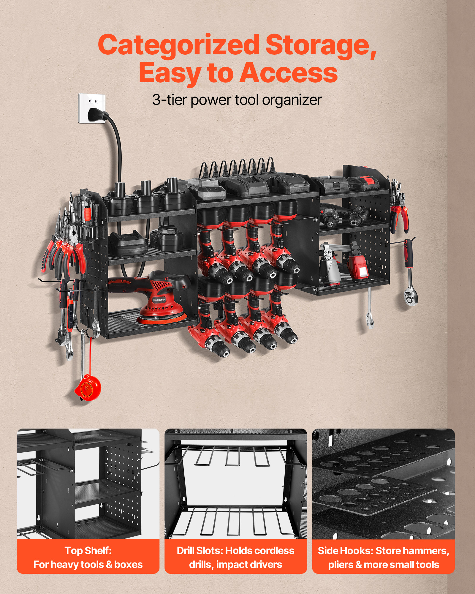 VEVOR Power Tool Organizer with Charging Station, 3-Layer Power Tool Battery Storage Rack with 5.58 ft Power Strip, 8 Drill Holders & 8 Outlets, Garage Tool Organizer for Garage, Workbench, Workshop