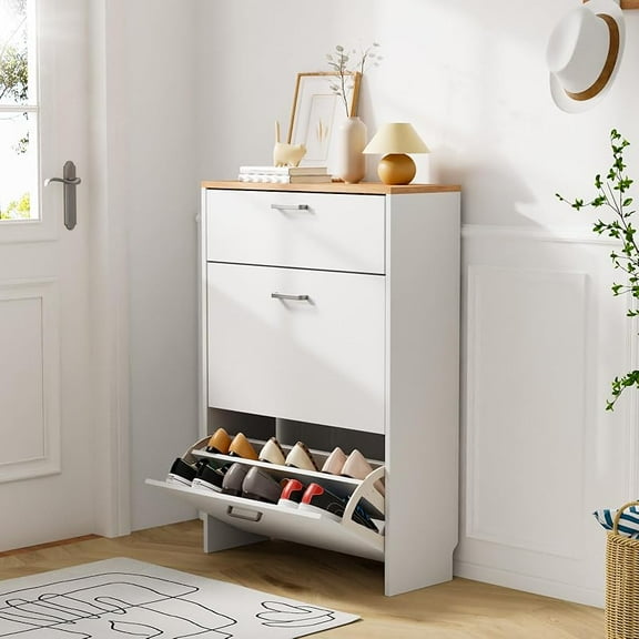 Shoe Cabinet Storage for Entryway Ultra Slim with 2 Flip &1Drop-Down Drawers, 24.8" W Narrow Shoe Cabinet for Front Door Entrance,Freestanding Modern White Wood Shoes Organizer for Hallway