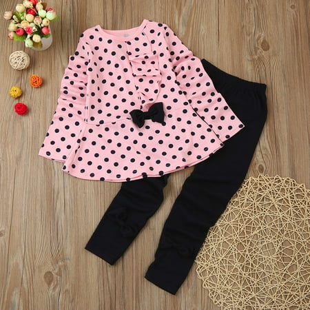 

simu Valentines Day Girls Outfits Baby Top Print Dots T-shirt Bow Outfits Clothes Set Girls +Pants Toddler Girls Outfits&Set for Birthday Wedding