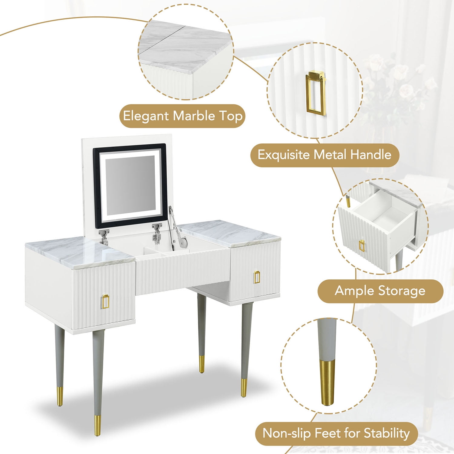 Resenkos 43.3" Modern Vanity Table Set with Flip-top Mirror and LED Light, Dressing Table with Customizable Storage, White and Gray