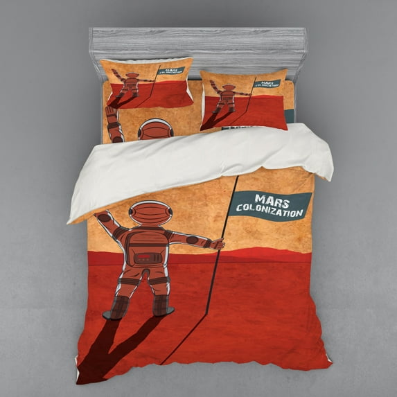 Ambesonne Orange Bedding Set 4 Pcs, Mars Colonization Space, Queen, Orange Red