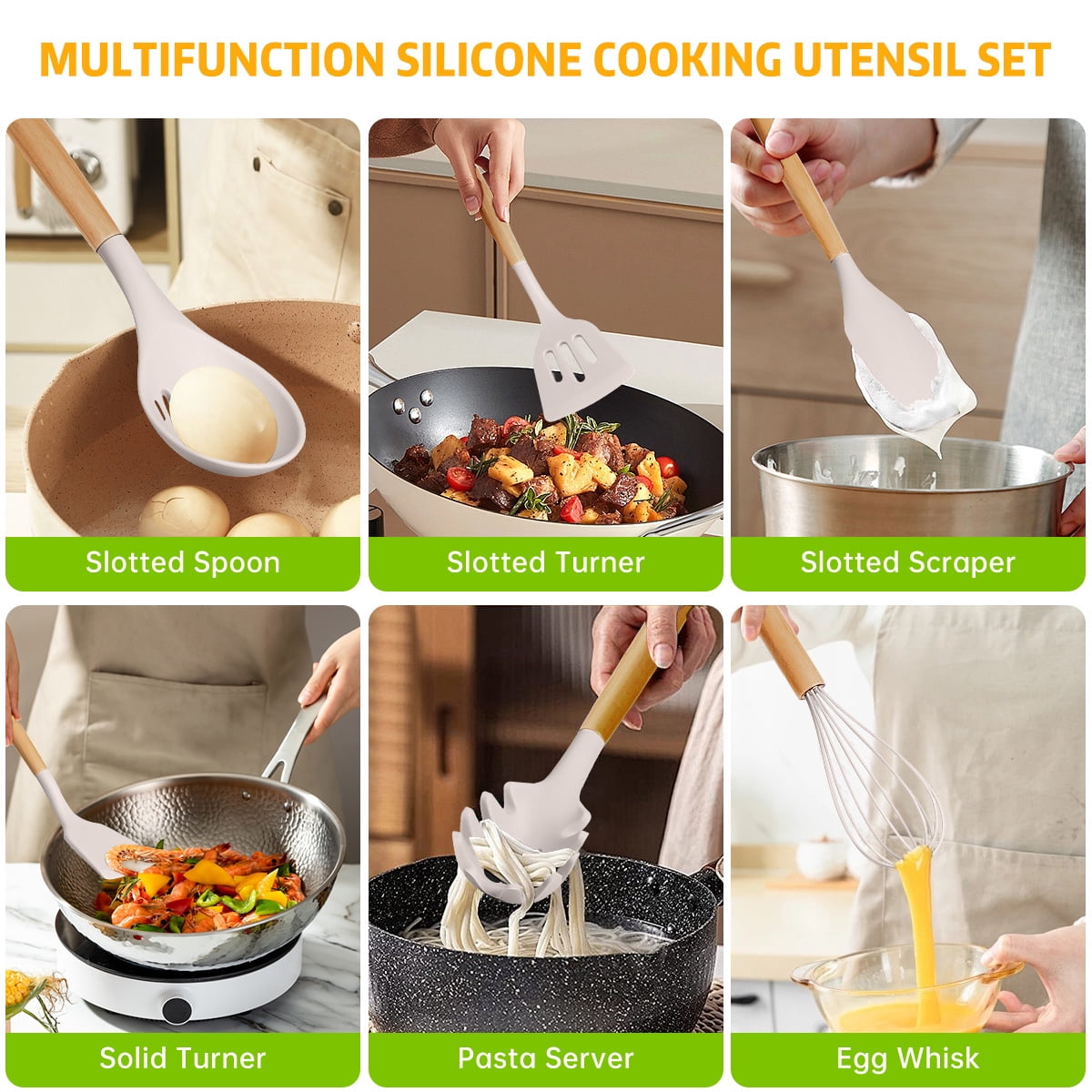 GPED 29 Pcs Silicone Kitchen Utensil Set, Cooking Utensils Set with Wooden Handle, Food Grade Silicone Spatula Set, BPA-Free, 446°F Heat Resistant Kitchen Gadgets Tools Set, Khaki