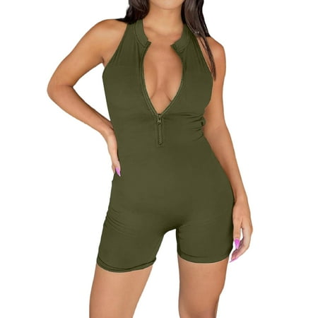 Fsqjgq Jumpsuits for Women Overalls Bodysuit Trendy Summer Outfits Women Romper Romper Shorts Romper Sleeveless Zip Tight Romper Bib Overalls Casual Loose Playsuit Rompers Cotton Jumpsuits for S