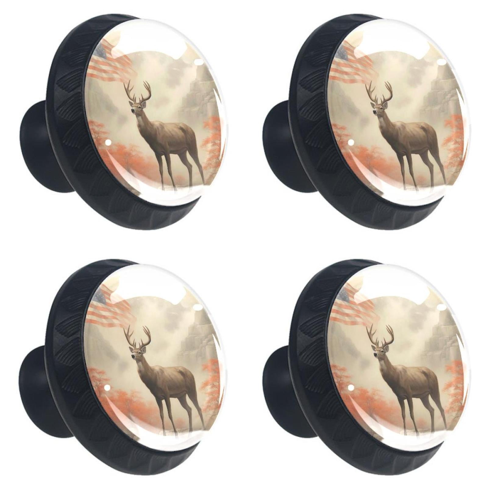 4 Pcs Deer and American Flag Knobs for Kitchen Cabinet Cupboard Dresser Bookcase Drawer Pulls Handles Round Home Decor