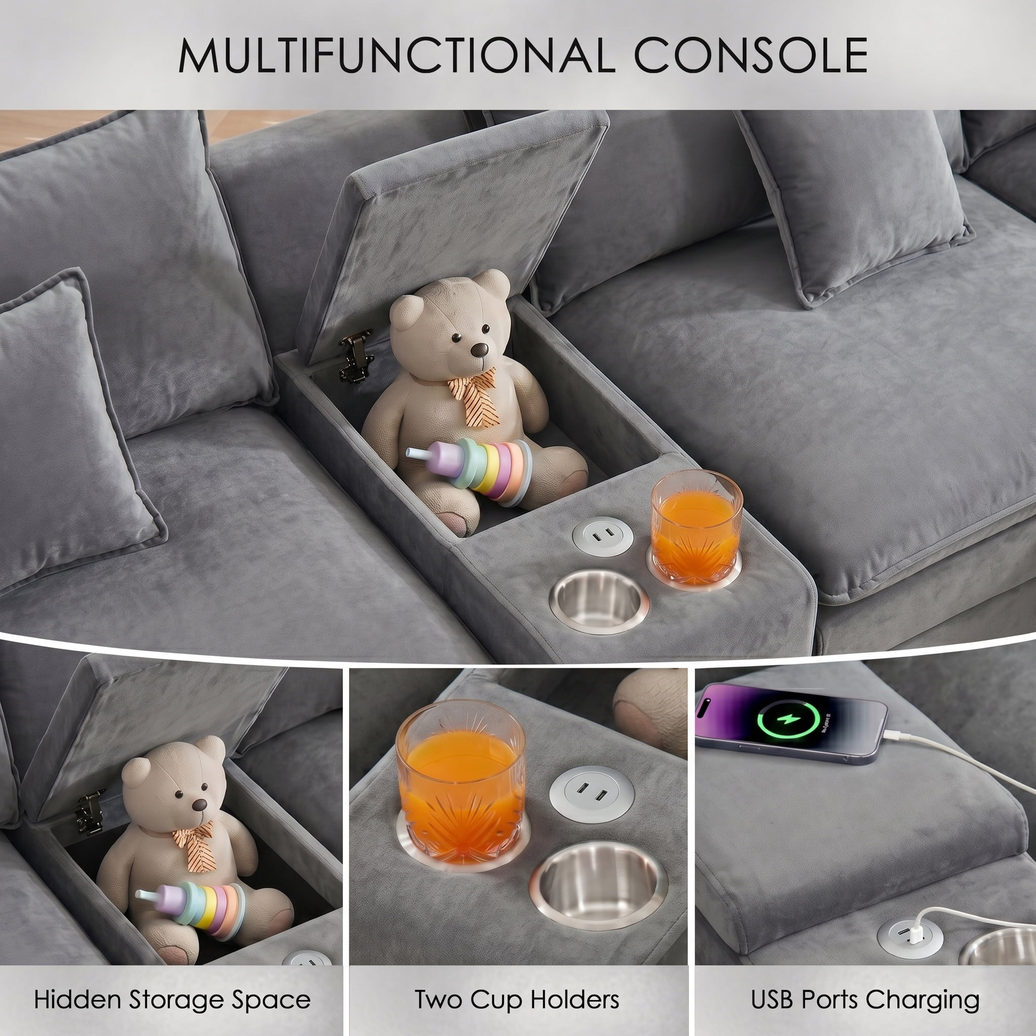 ANPPORT 145" U Shaped Cloud Modular Sectional Sofa, Chenille Deep Seat Couch with Storage Console, USB Ports & Cup Holders for Living Room, Grey