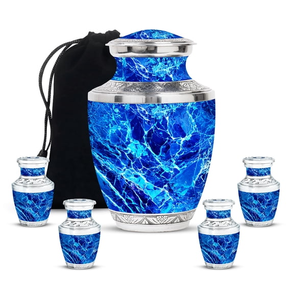 MUKTIVE Abstract Set of 5 Burial Urns for Human Ashes Adult Men - Large Blue Cremation Urn for Mother - Decorative Keepsake Urn for Ashes for Women - Funeral Urns for Adult Male (1 Large, 4 Keepsake)