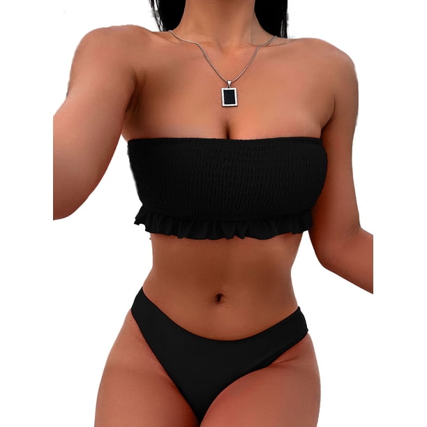 Traje de baño de bikini bandeau para mujer con hombros descubiertos y cintura alta XBTCLXEBCO Negro, M