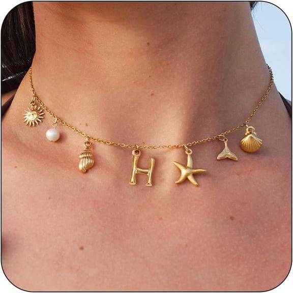 DESIGNICE Silver Initial Charm Necklaces for Women Trendy Shell Starfish Seashell Letter Choker Necklace Alphabet Personalized Pendant Necklace Summer Beach Surfer Jewelry Gifts Boho Charms Jewelry