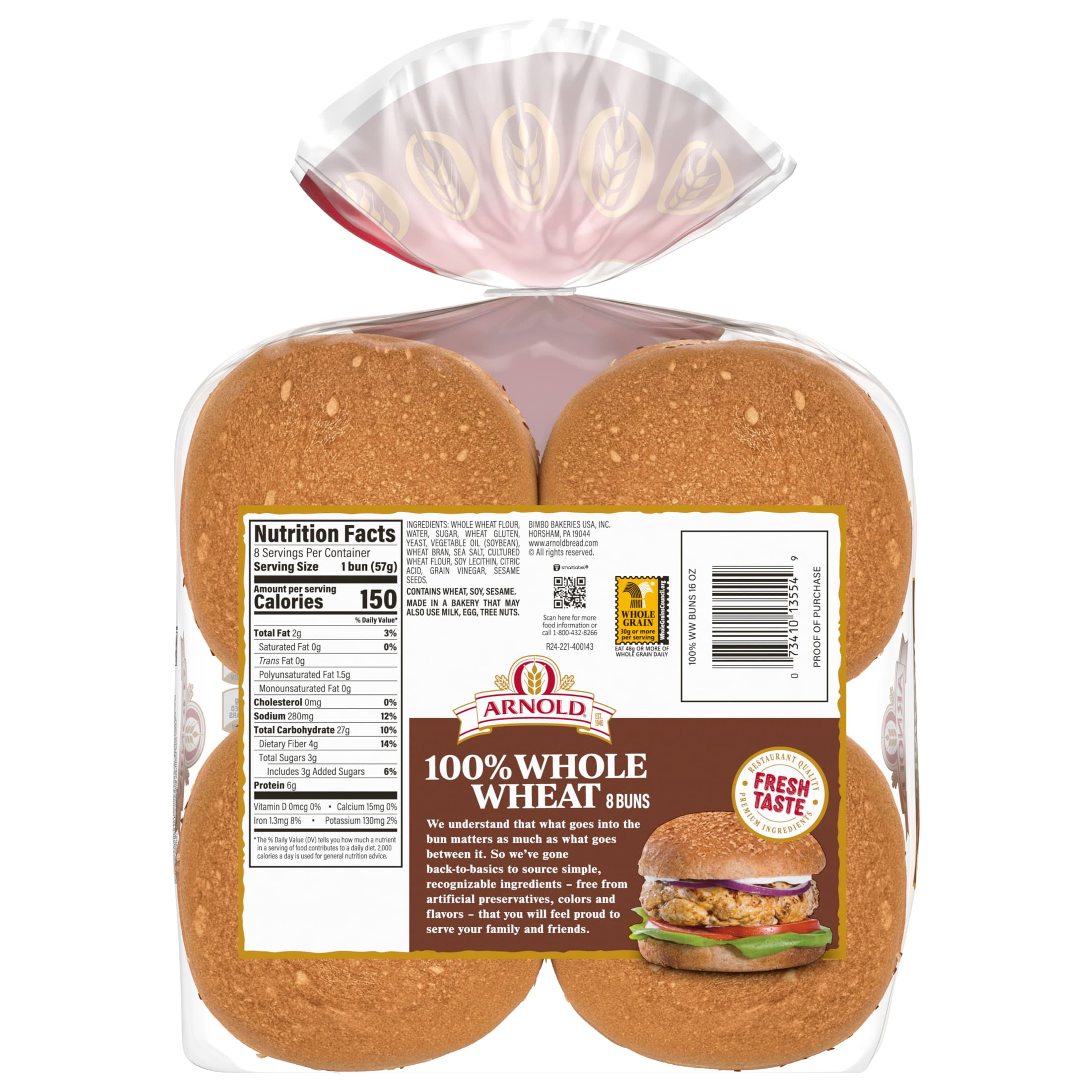 Arnold Whole Wheat Buns, 8 count, Hamburger Buns, 16 oz Bag