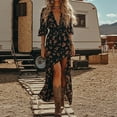 thumbnail image 2 of Women's Floral Chiffon Maxi Dress Flowy A Line V Neck Flowy Boho Beach Vacation Dresses High Slit Design Navy L, 2 of 5