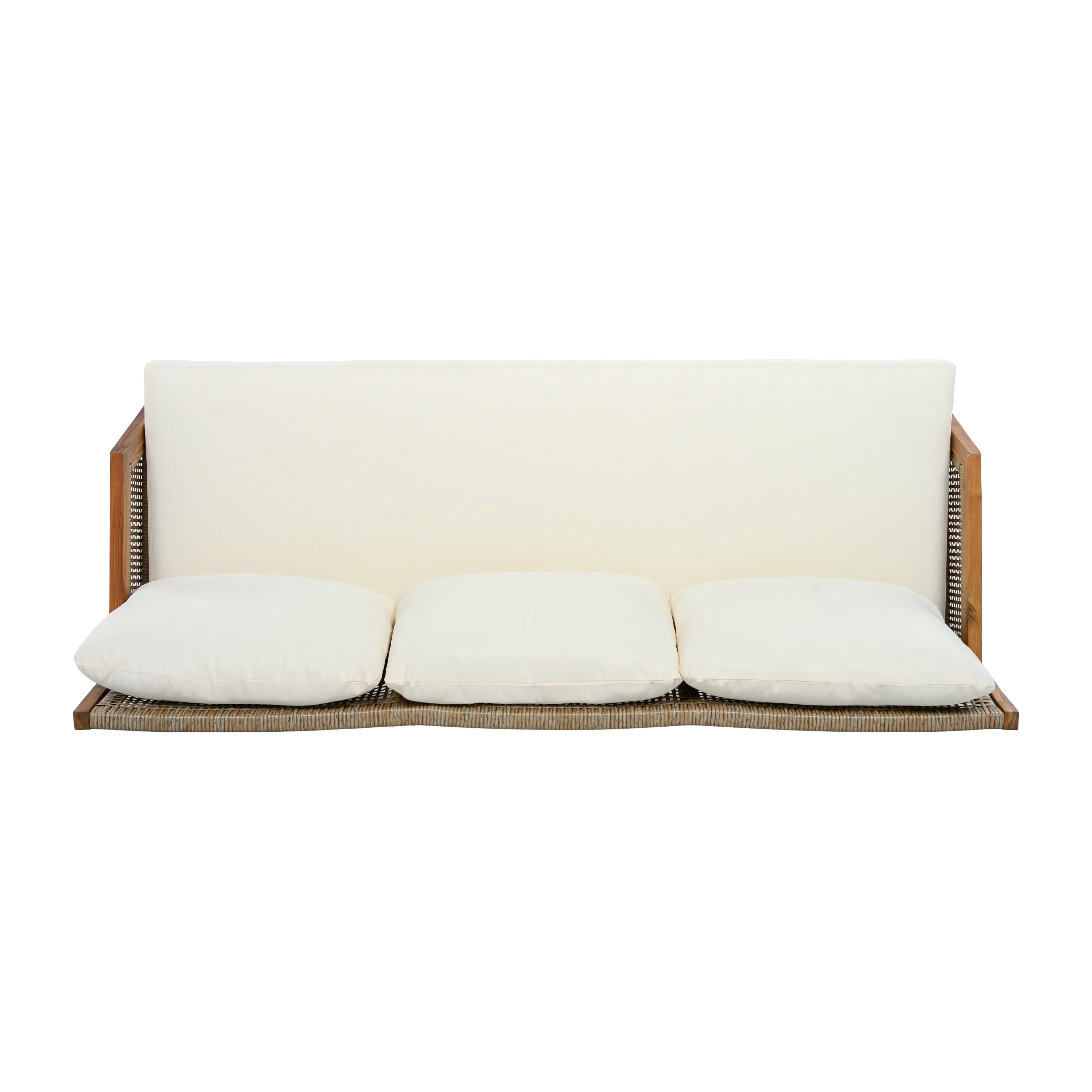 3-Piece Patio Furniture Set with Acacia Wood and Wicker, Outdoor Sectional Sofa and Coffee Table with Soft Cushions for Garden Backyard, 4-Seat, Teak and Cream