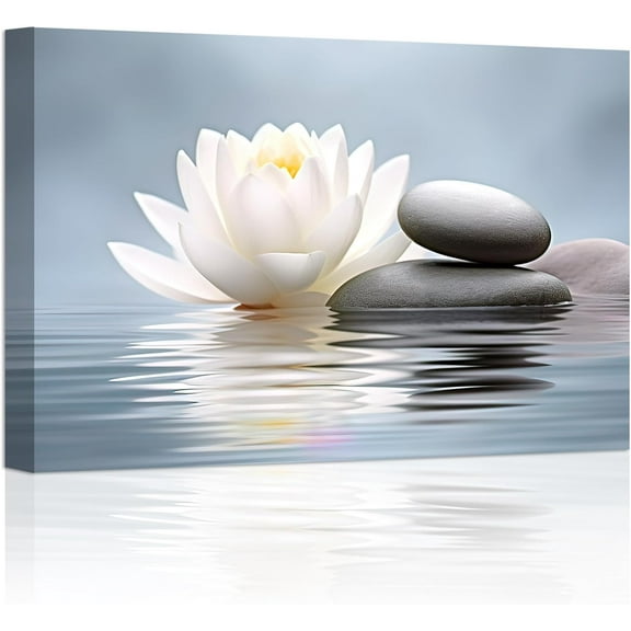 Zen Wall Art Lotus Flowers Stones on Water Pictures Water Lily Canvas Prints Bathroom Decor Spa Artwork for Yoga Studio Meditation Spiritual Room Framed (Zen-1, 12.00"x18.00")