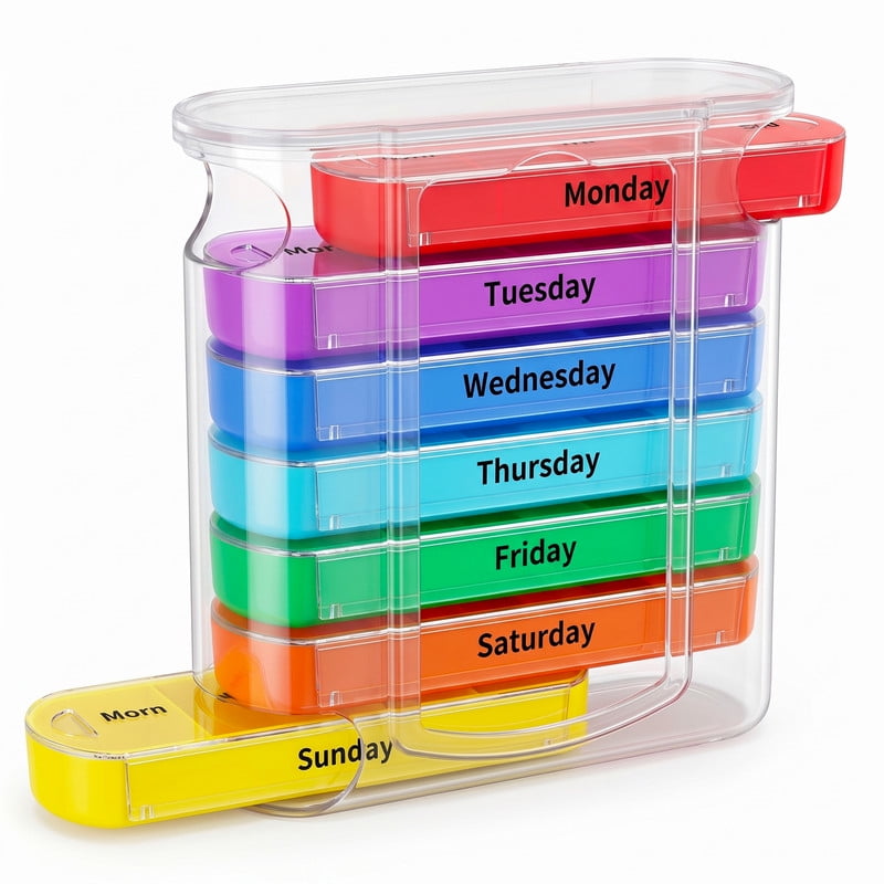 MEDca Weekly Pill Organizer Dispenser, Multicolor/Clear, 7 Stackable Compartments, 4 Times-a-Day, by MEDca
