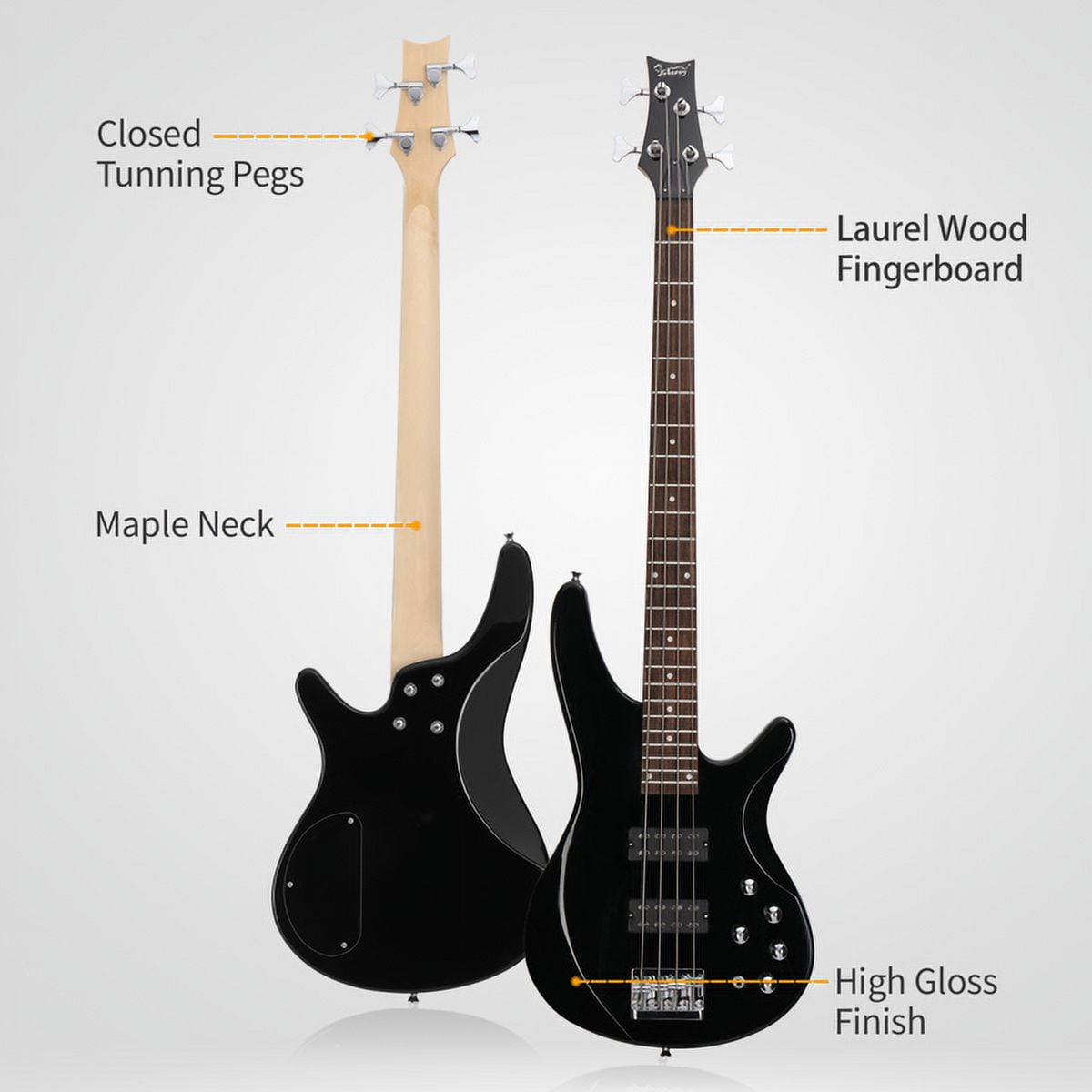 44 Inch GIB 4 String H-H Pickup Laurel Wood Fingerboard Bass Guitar with Bag and other Accessories Black