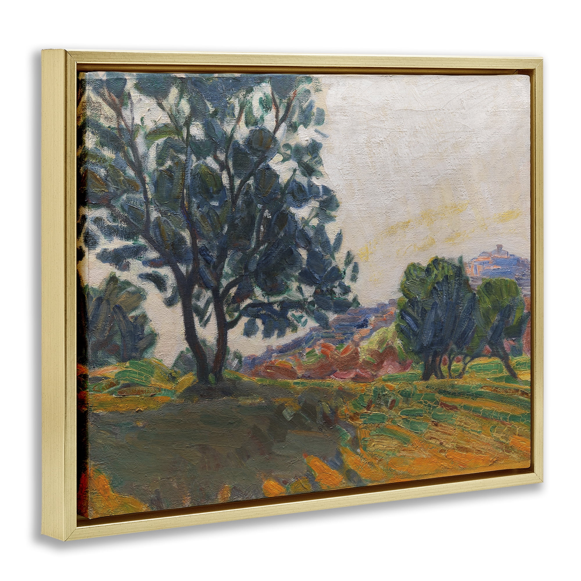 Stupell Industries Tree in Shadow Landscape & Nature Painting Gold Floater Framed Canvas Art Print Wall Art, 21 x 17