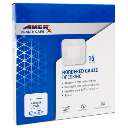 AMERX Bordered Gauze (6x6) – 15 Self-Adhesive Bandages/Box | Water Resistant | Hypoallergenic