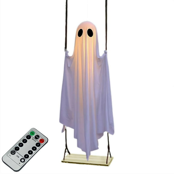 Halloween Decorations Outdoor, 5FT Large Hanging Ghost Swing with Remote Control Light, Halloween Party Decor Outside for Tree Porch Yard Garden Lawn, No Seating Permitted