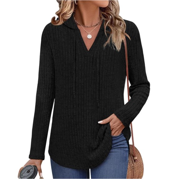 Womens Cozy Knit Sweaters Hoodies Ribbed V Neck Pullover Sweatshirts for Fall Outfits S-XXL 01-Black L