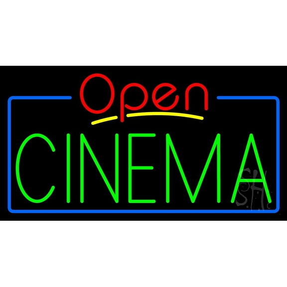 Green Cinema Open LED Neon Sign 20" Tall x 37" Wide - inches Black Square Cut Acrylic Backing, with Dimmer - Premium built indoor Sign for Cinema.