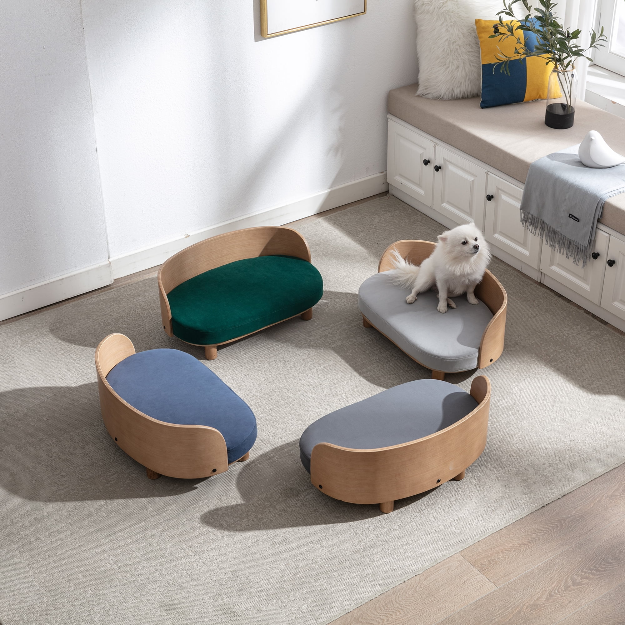 Pefilos 26" Modern Pet Sofa Dog Bed With Solid Wood legs and Bent Wood Back, Velvet Cushion, Walnut, Green Pefilos 26" Modern Pet Sofa Dog Bed With Solid Wood legs and Bent Wood Back, Velvet Cushion, Walnut, Green