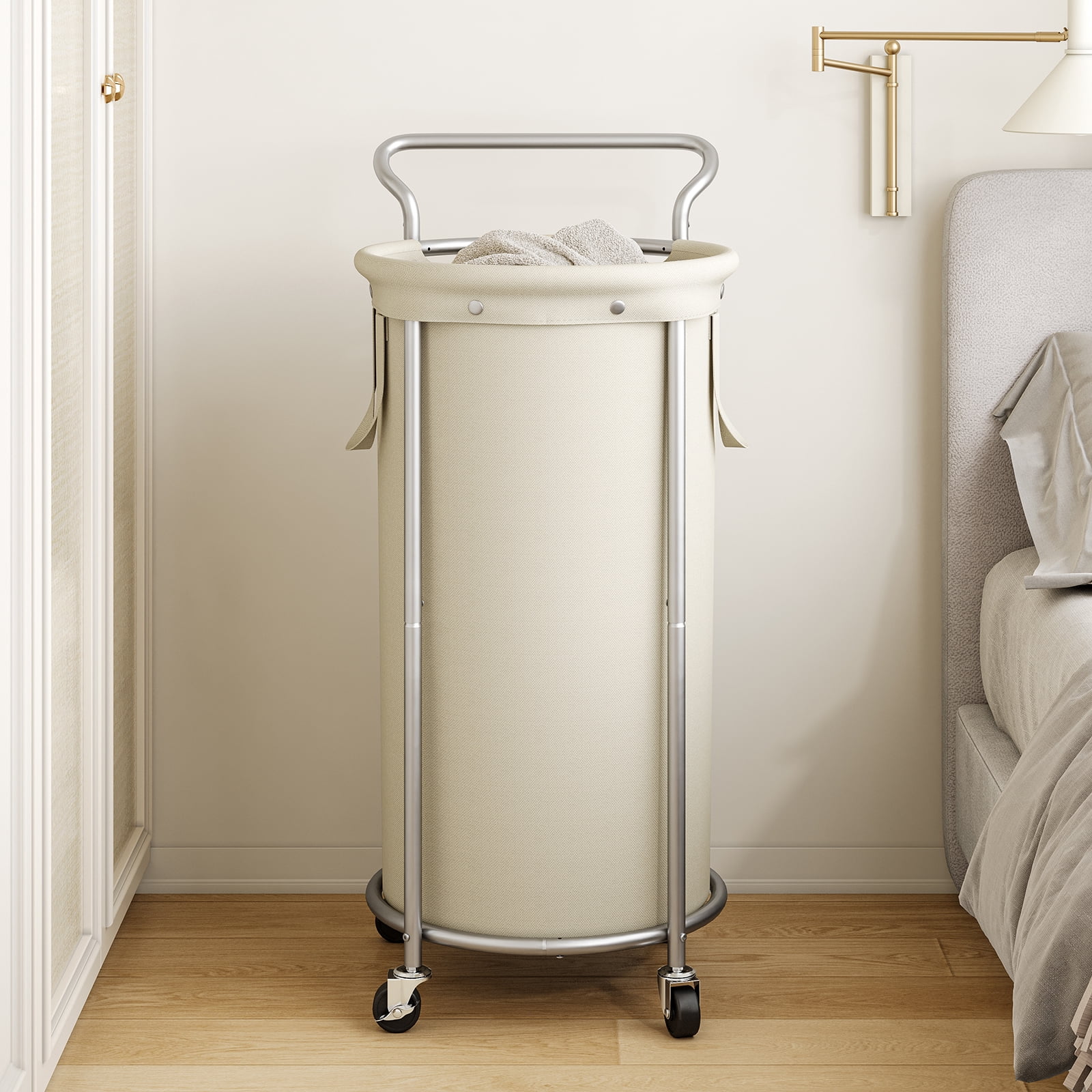 BGTREND 110L Rolling Laundry Hamper with Removable Bag, Round Steel Frame and Handle, Beige